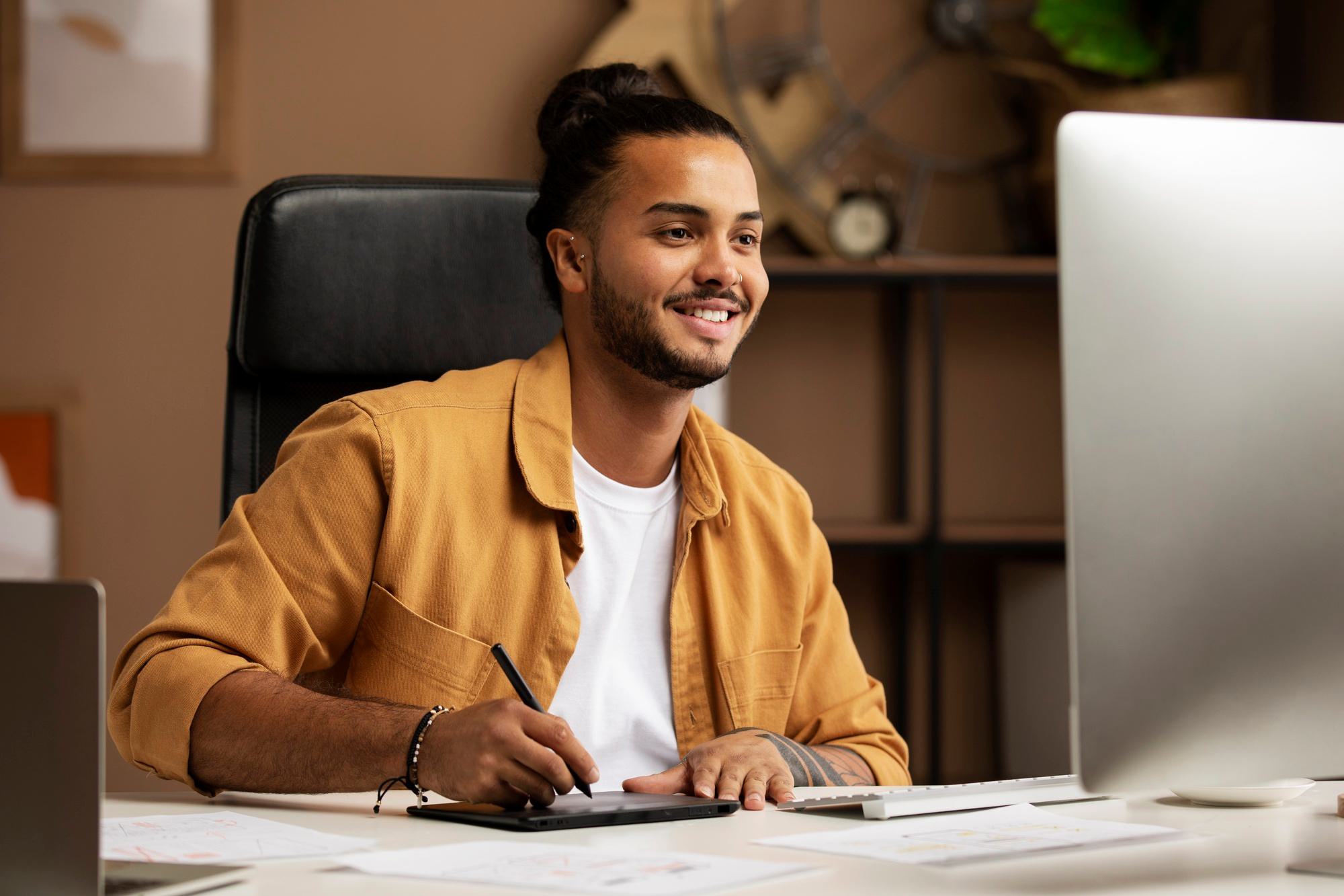 Medium shot smiley man working desk